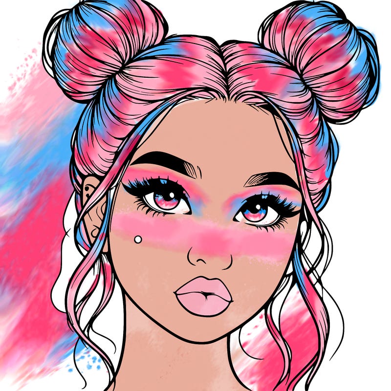 realistic girl with two buns on her hair and lips