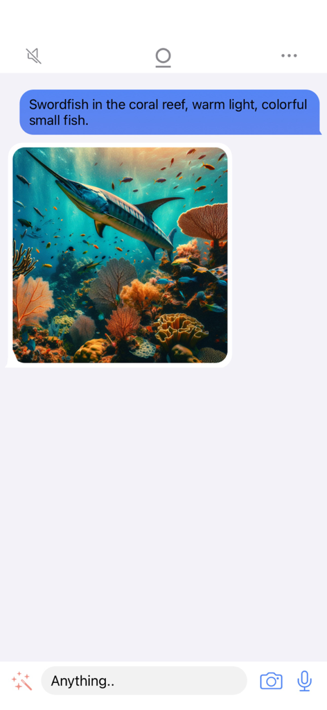 Delphi Pro - Delphi Pro App-Oberfläche, die ein von der KI generiertes Bild eines Schwertfischs in einem lebhaften Korallenriff aus einem Text-Prompt zeigt.