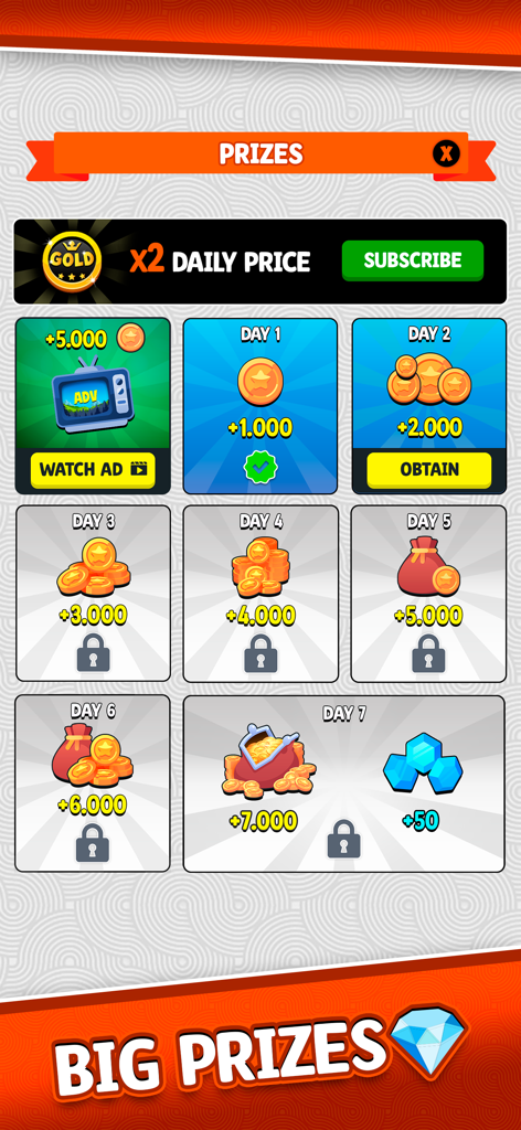 Traversone Più - Card Games - Schermata dei premi giornalieri di Traversone Più che mostra un calendario di accesso di sette giorni con monete e gemme