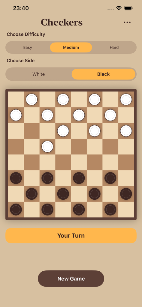 Checkers with Ai - Una interfaz de juego de damas minimalista en un dispositivo móvil que muestra un tablero con piezas y ajustes de dificultad.