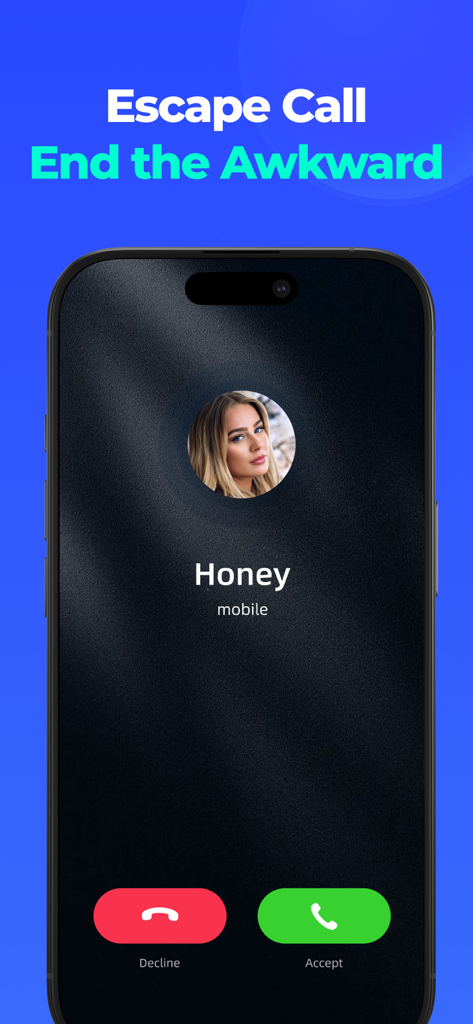 Speed Cleaner: AI Phone Clean - A mobile screen showing the Escape Call feature with a fake incoming call notification from Honey to avoid awkward situations.