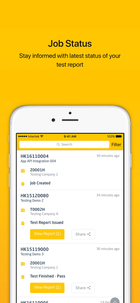 Intertek - Job Tracker - Interface móvel mostrando uma lista de trabalhos com seus status atuais, como relatório emitido ou teste concluído no aplicativo Intertek Job Tracker.