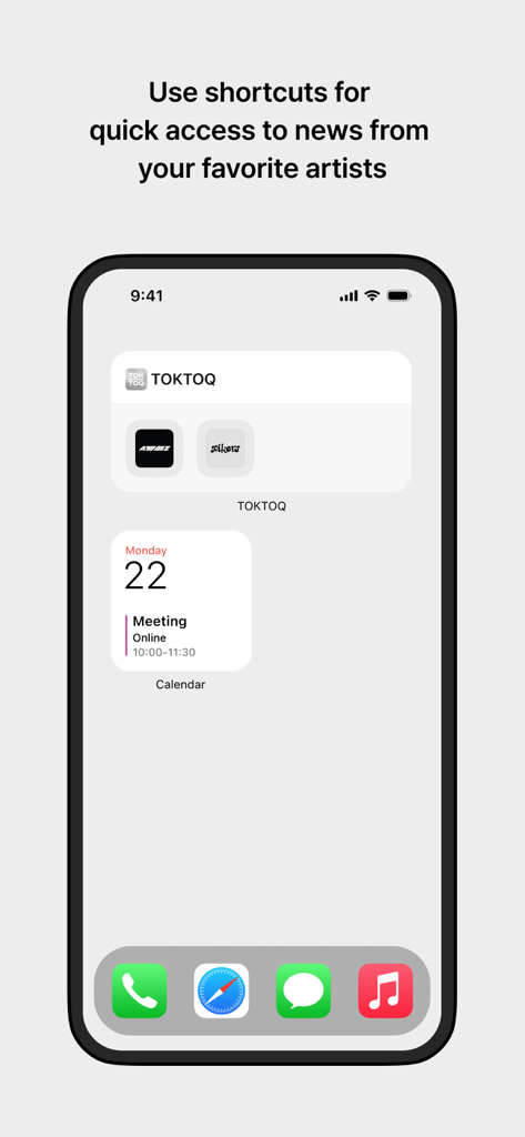 TOKTOQ - Écran d'accueil de l'iPhone montrant le widget TOKTOQ avec des raccourcis pour les nouvelles d'ATEEZ et de xikers.