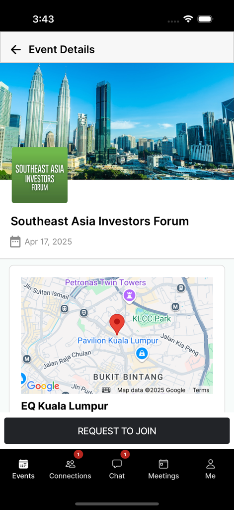 Markets Group - Screen showing details for the Southeast Asia Investors Forum event within the Markets Group app including a location map and a request to join button.