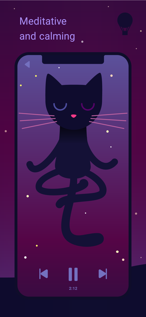 Sleepy - Fall asleep for kids. - Un gato de dibujos animados negro en pose de meditación contra un cielo nocturno estrellado morado con el texto Meditativo y Calmante.