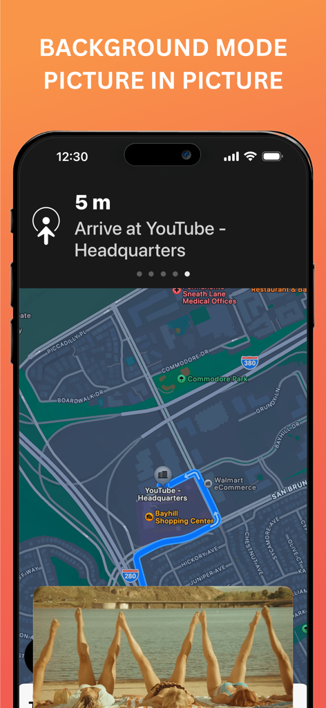 Smartphone screen showing a small floating video window over a navigation map app illustrating the picture in picture feature