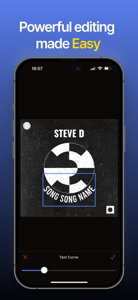 Interface do aplicativo FIBE mostrando a ferramenta de edição de texto curvo para um design de capa de álbum