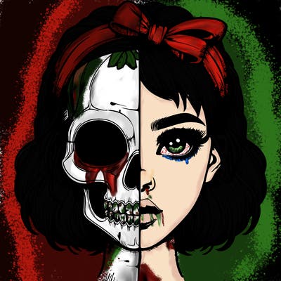 realistic girl with half skull mask