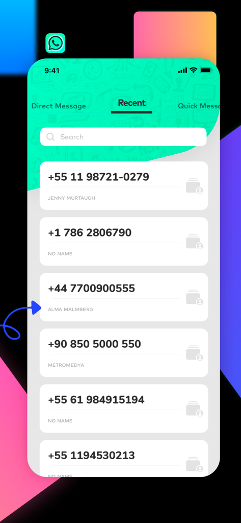 Interface showing the recent contacts list for messaging unsaved phone numbers in the Direct Message app
