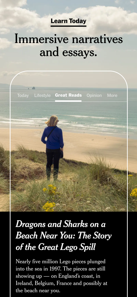 NYTimes: US and Global News - Tela do aplicativo New York Times exibindo um artigo narrativo imersivo intitulado A História do Grande Derramamento de Lego.