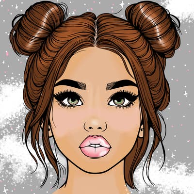 realistic girl with two buns on her hair and lips