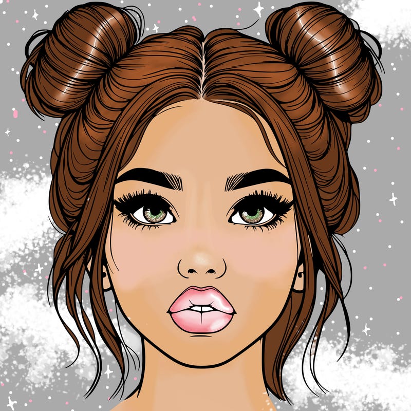 realistic girl with two buns on her hair and lips