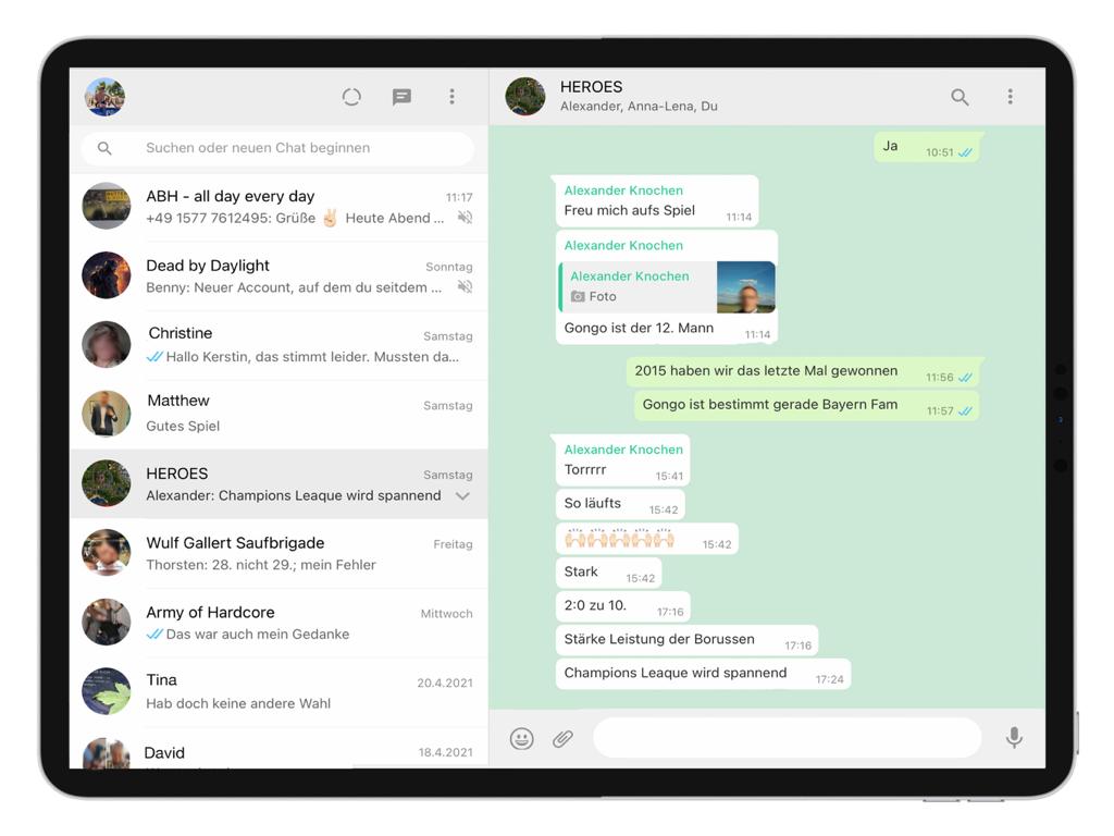 Interface of the Whats Messenger App on an iPad displaying a side-by-side view of a chat list and an active group conversation.