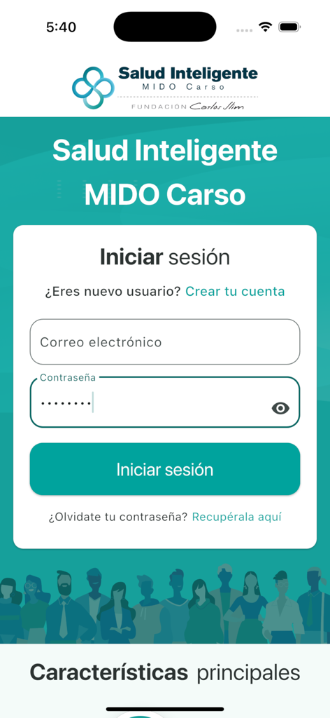 Salud Inteligente MIDO Carso - Pantalla de inicio de sesión de la aplicación de bienestar corporativo Salud Inteligente MIDO Carso con campos de entrada de correo electrónico y contraseña