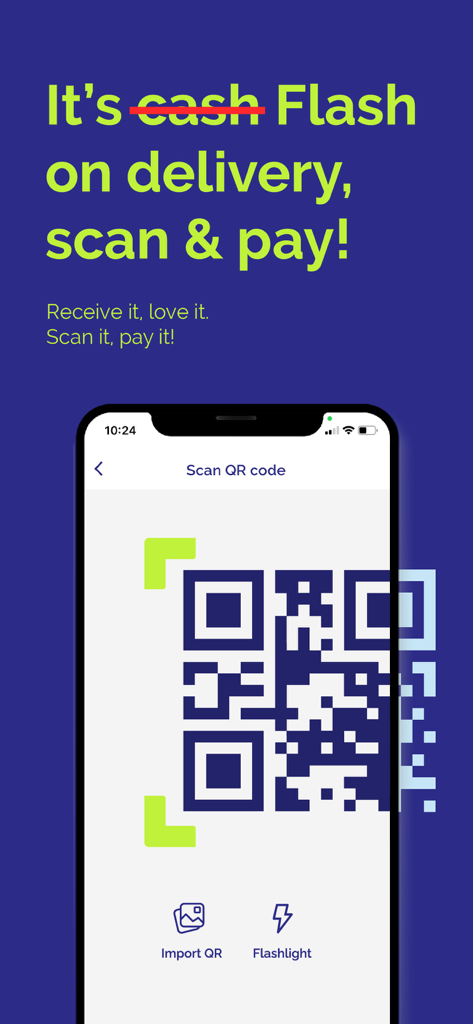 Flash: Mobile Payments & Bills - Flash 앱 인터페이스에 QR 코드 스캐너가 표시되고 배달 스캔 및 결제라는 텍스트가 표시됨