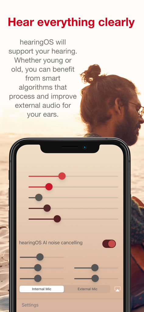 hearingOS - Hearing Aid App - hearingOS app interface showing adjustable audio sliders and AI noise cancelling toggle