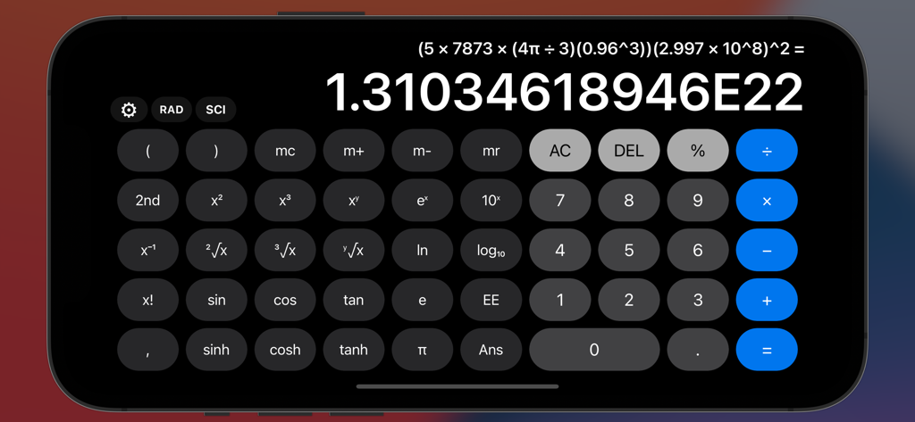 Interface do Calculator Plus v2 no modo paisagem mostrando funções científicas e uma equação complexa com resultado em notação científica
