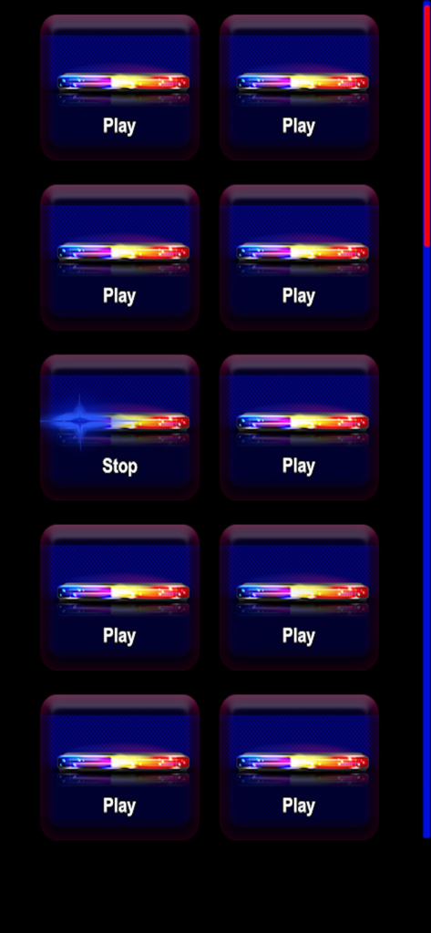 Police Siren: Lights & Sound - A grid of police light bar icons with play and stop buttons for selecting different siren sounds.