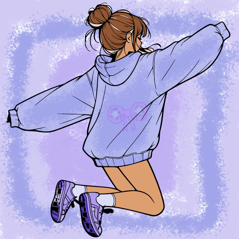 realistic girl jumping with a bun and oversized sweatshirt