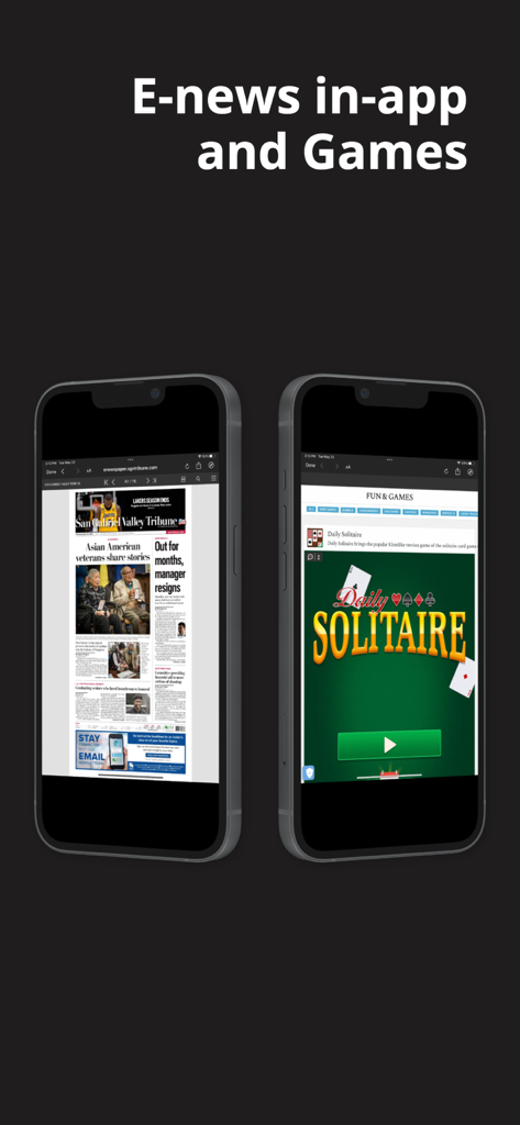 Two mobile screens displaying the St. Paul Pioneer Press digital newspaper replica and an in-app solitaire game.