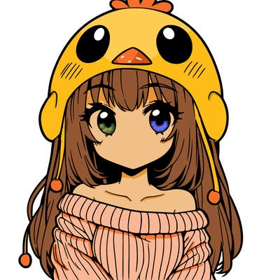 anime girl with chick shaped hat with sweater with bare shoulders with bangs covering them one eye with low tail