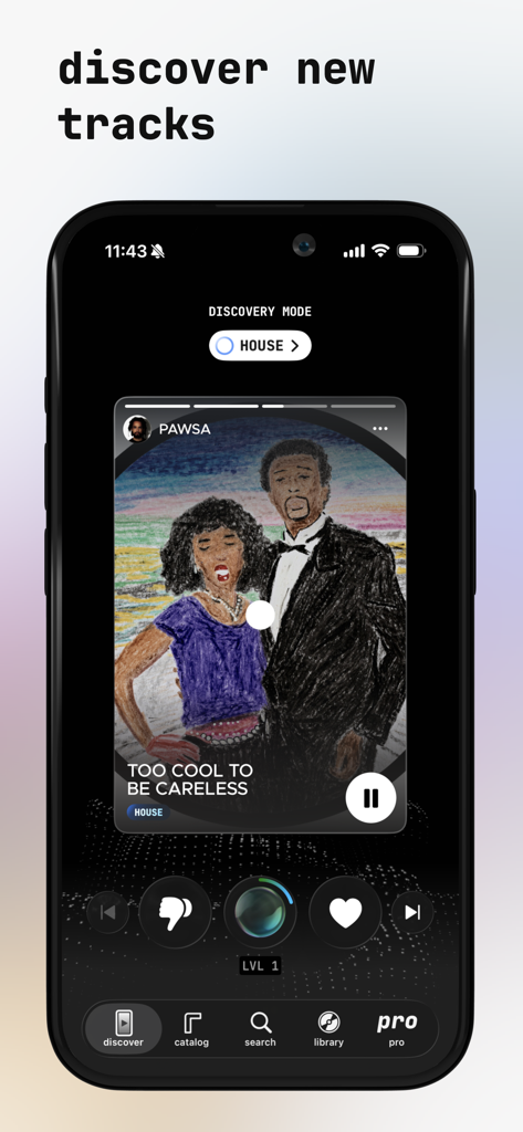 Discovery mode interface in the Carbon electronic music app showing a house music track.