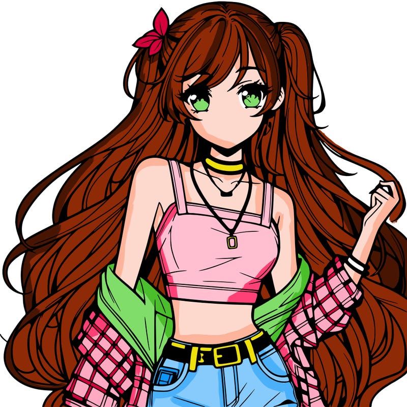 hot anime girl with long hair wearing a crop top and jorts