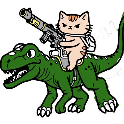 a cat riding a dinosaur holding a gun