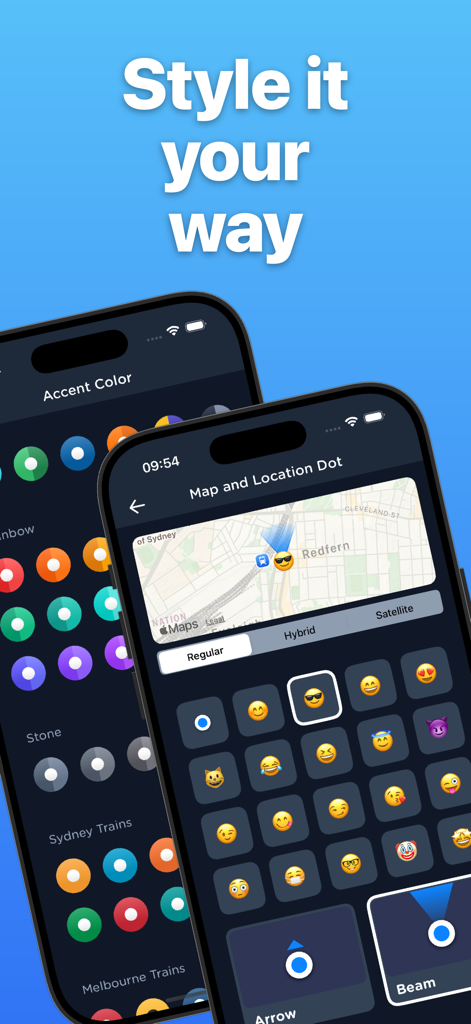 Customization interface of the NYC Transit app showing options for accent colors and map location emojis