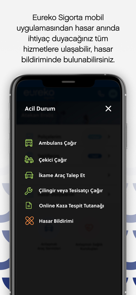 Eureko Sigorta mobile app emergency services menu with one-click options for ambulance, tow truck, and home assistance.