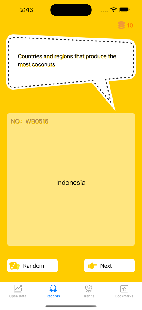 WorldBank WDI Data Browser - Une capture d'écran de l'application WorldBank WDI Data Browser montrant un enregistrement sur la production de noix de coco en Indonésie.