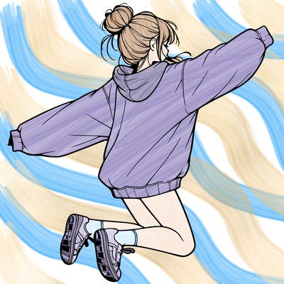 realistic girl jumping with a bun and oversized sweatshirt