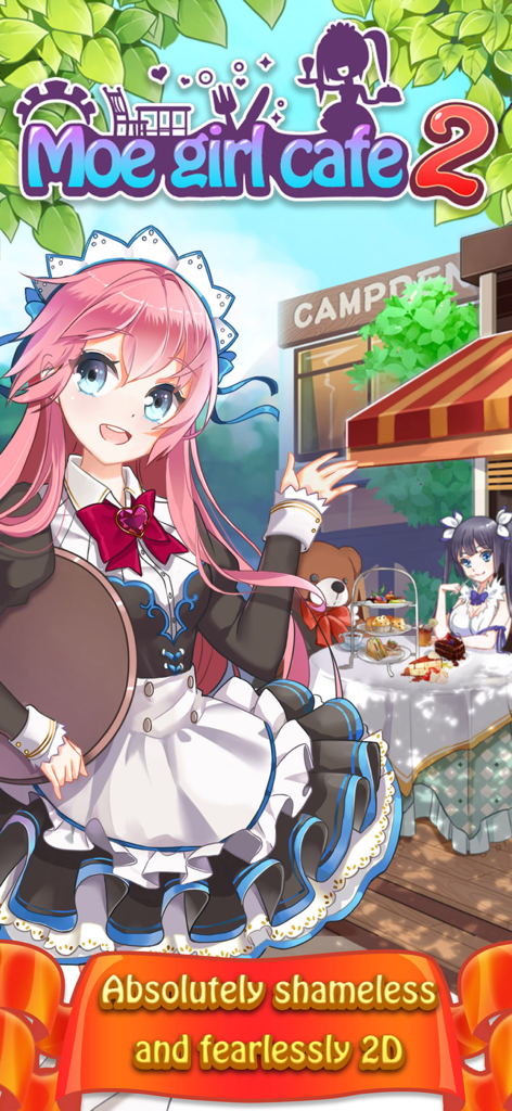 Moe Girl Cafe 2 - Pink haired anime maid character in front of a cafe from the Moe Girl Cafe 2 game