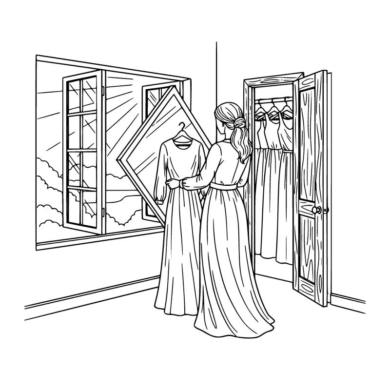 a realistic woman choosing a modest dress in front of a mirror to go to church. mirror shape of a diamond right in front of her closet door open windows in her room with a beautiful sunlight outside