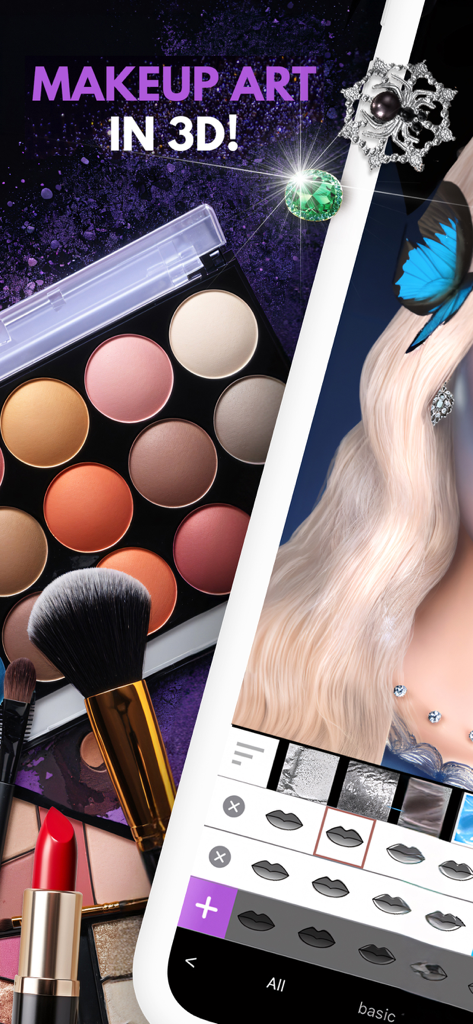 Makeup Creator: Makeup Games - 3D makeup art game interface showing an eyeshadow palette and lip customization options