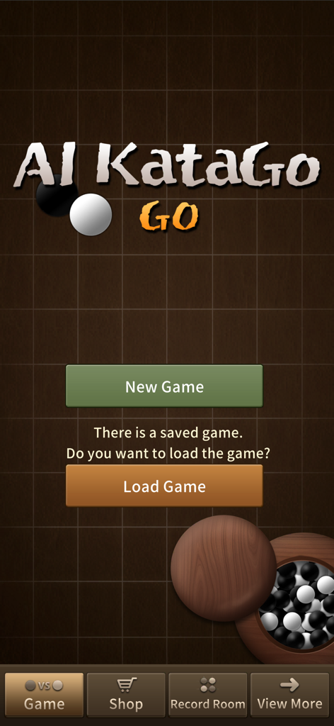 AI KataGo Go - AI KataGo Go App Hauptmenü mit neuen Spiel- und Ladespielfunktionen auf einem Go-Brett-Hintergrund