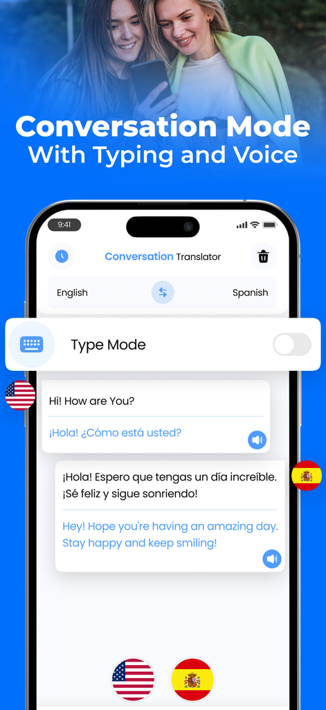 音声とタイピングオプションを備えたリアルタイムの英語とスペイン語の会話翻訳を表示するモバイルアプリインターフェイス。