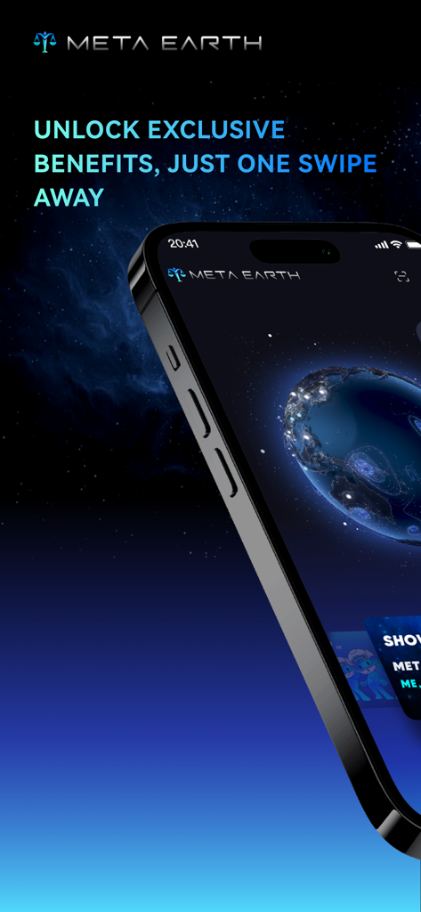 Interfaz de la aplicación ME Pass en un smartphone con un globo terráqueo 3D y texto sobre la obtención de beneficios exclusivos.