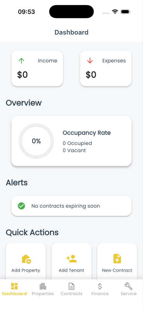 Read Progre: Renting-Tenants - Painel do aplicativo Read Progre exibindo receitas de aluguel, despesas e taxas de ocupação