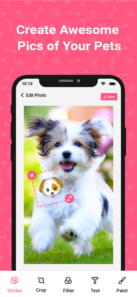 Cat & Dog Translator - Dogify - Interface of the Dogify app showing a puppy photo being edited with a cartoon dog sticker