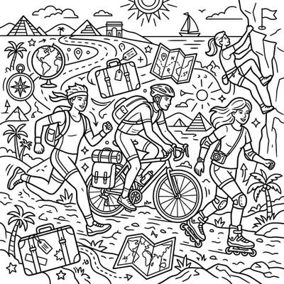 Embark on a vibrant coloring journey featuring energetic sports and iconic travel destinations. This minimalist line art design captures the thrill of active adventures, from cycling and climbing to running and rollerblading, all set against a backdrop of global landmarks.