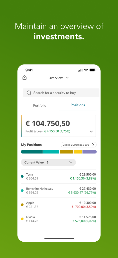 Eine mobile Oberfläche der easybank App, die ein Aktienportfolio mit Positionen in Unternehmen wie Tesla und Apple zeigt.