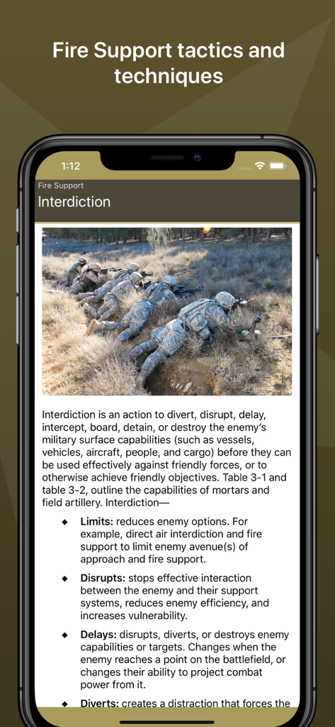 Smartphone screen displaying fire support tactics and interdiction techniques in the Army Ranger Handbook app.