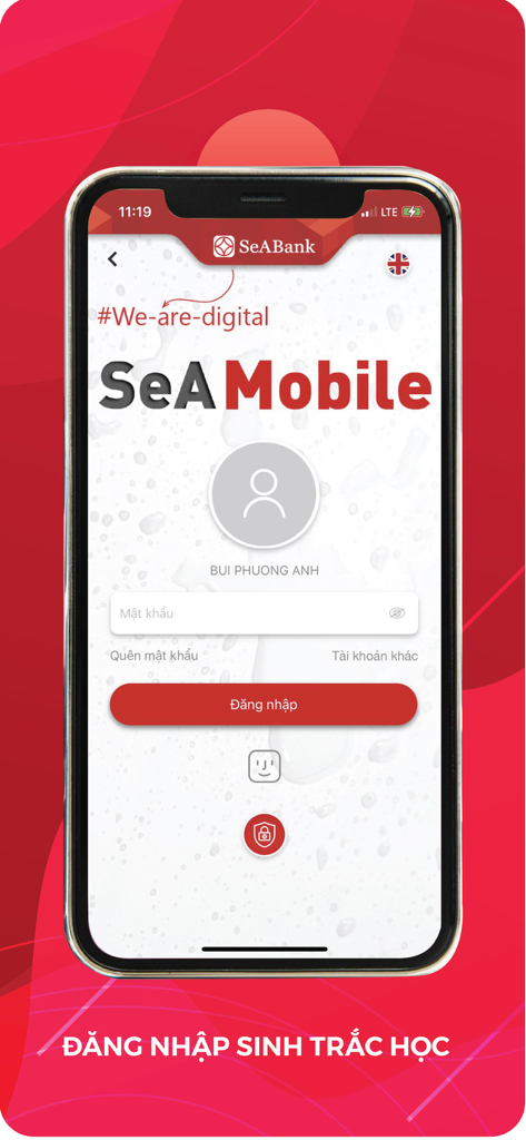 SeAMobile - Tela de login do aplicativo bancário SeAMobile com opções de autenticação biométrica