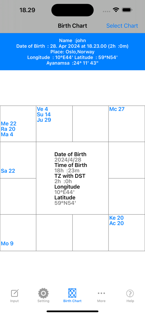 iHoroscope Vedic - Vedic astrology birth chart showing planetary positions and birth details