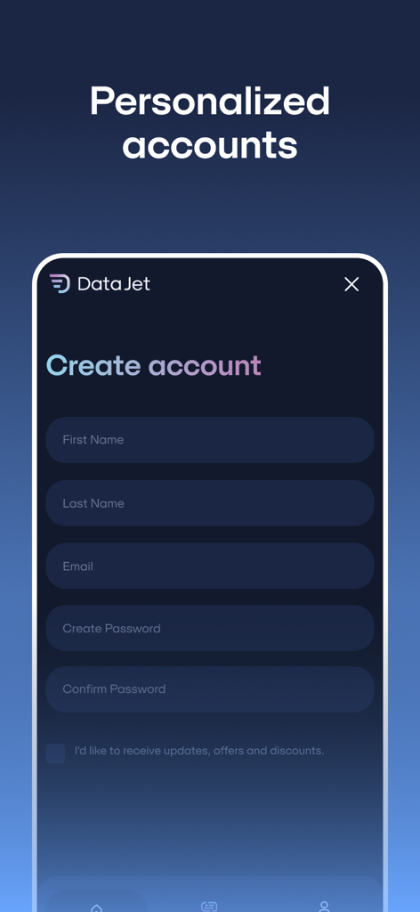 DataJet eSIM Travel & Internet - パーソナライズされたアカウントを作成するためのDataJet eSIMアプリの登録画面。