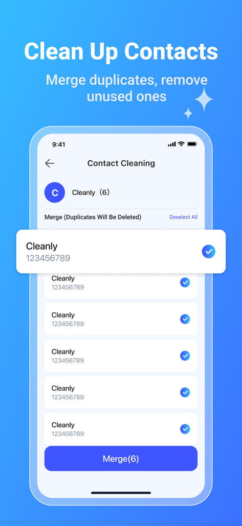 CleanlyAI app interface showing the process of merging duplicate phone contacts