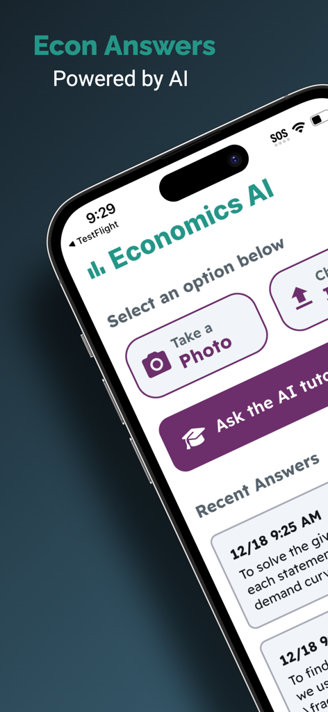 Economics AI - Econ Answers - Economics AI app interface featuring photo recognition and AI tutor options for students