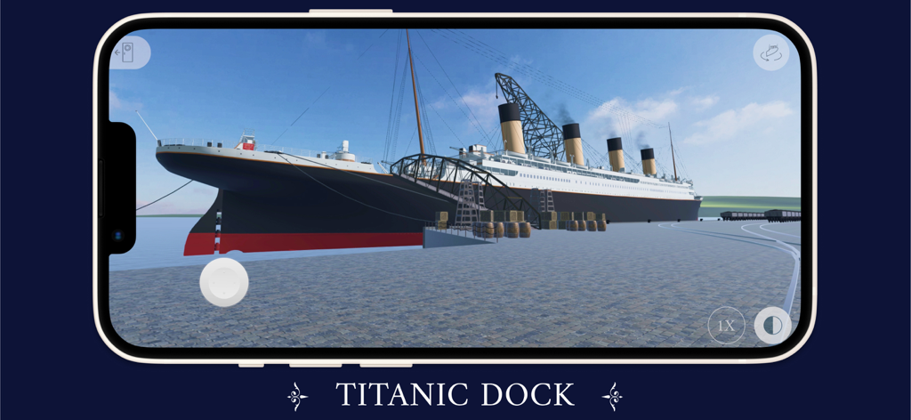 A 3D simulation of the Titanic at the dock on a mobile device