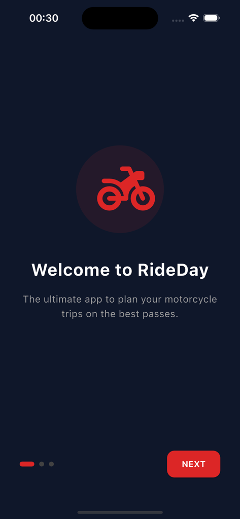 RideDay: Moto & Roads - Tela de boas-vindas do aplicativo RideDay para planejamento de viagens de moto mostrando um ícone de moto vermelho